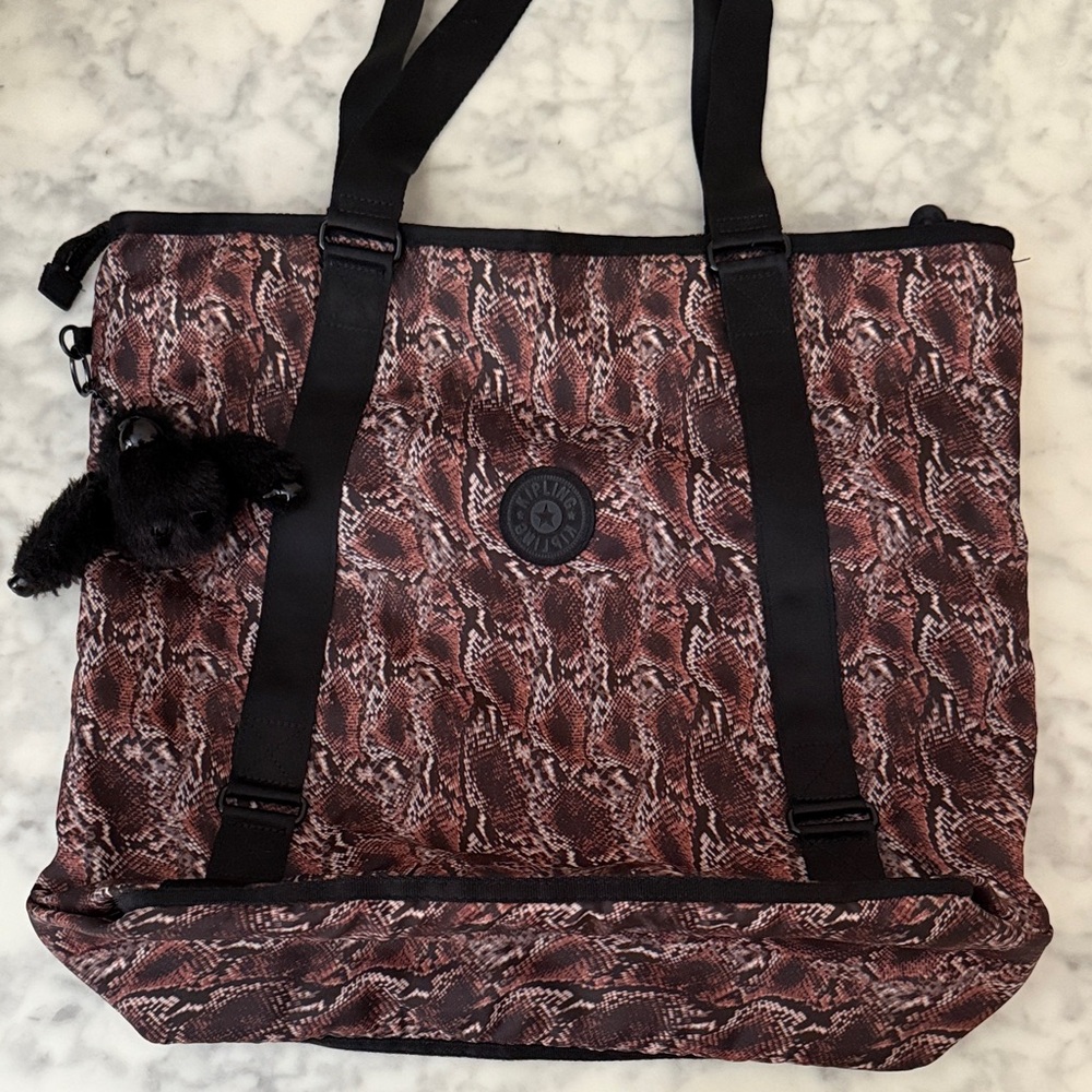 Kipling Large Tote Bag - Black and Brown Snake Print